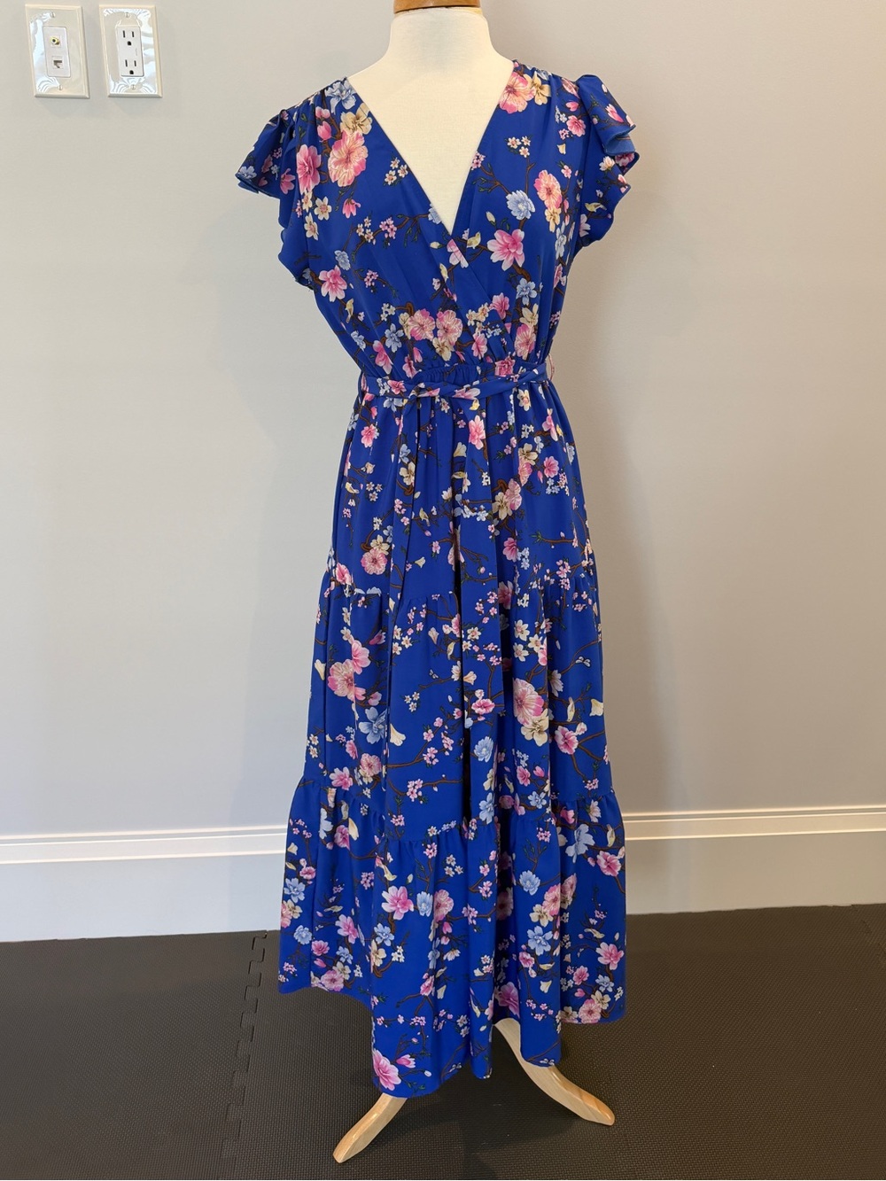 SHEIN Royal Blue Floral Wrap Maxi Dress with Tie Waist
